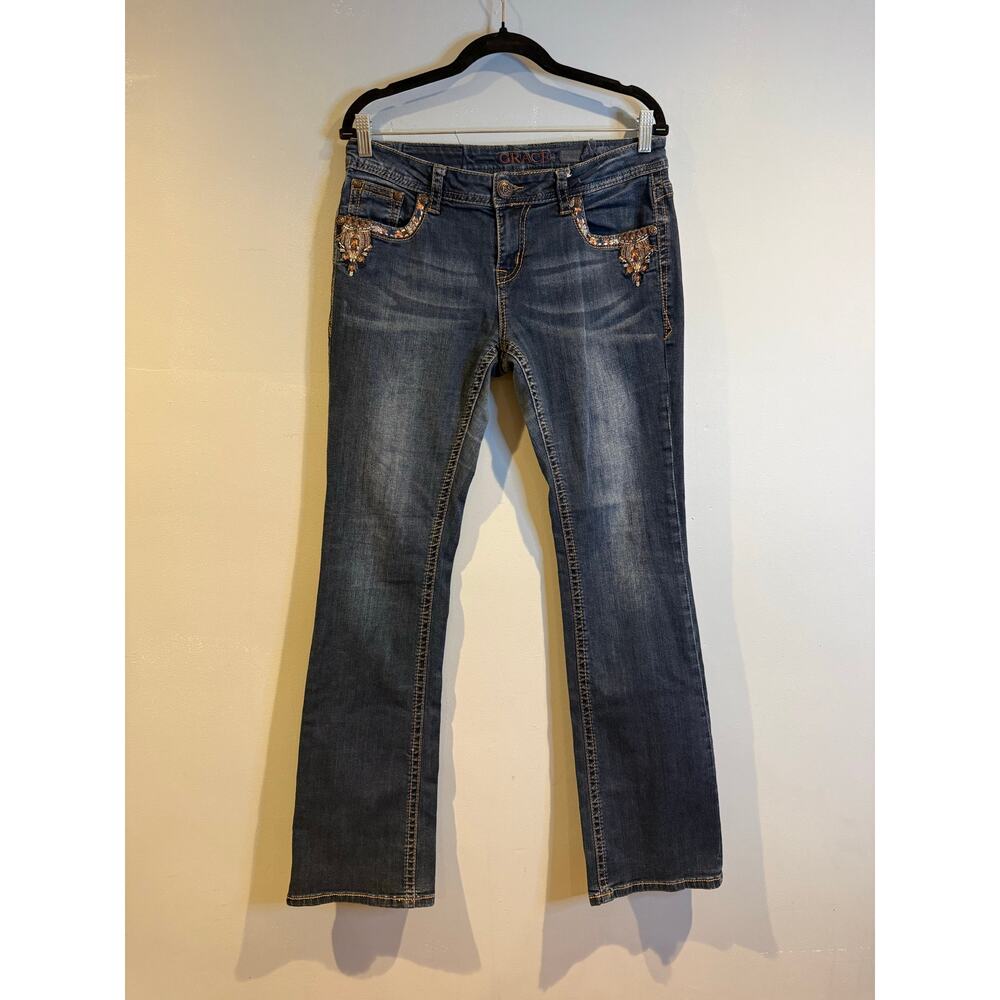 Grace Bootcut Jeans Size 31 Y2K Boho Embellished Pockets Dark Wash